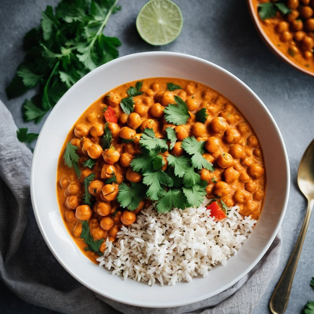Bowl of vibrant orange curry with chickpeas, garnished with fresh cilantro.