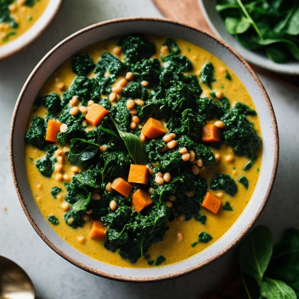 Steaming bowl of green and yellow stew with coconut milk and spinach on top