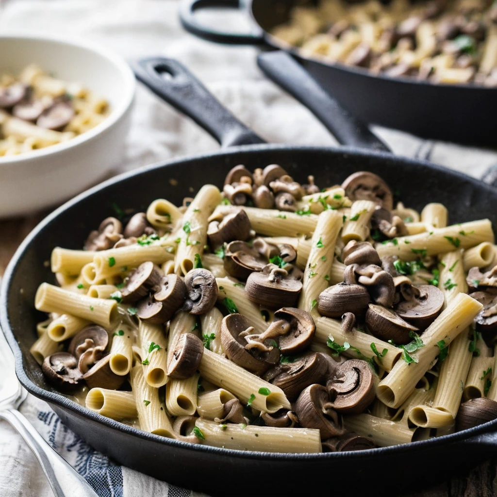 Golden pasta in a creamy yellow sauce with brown mushrooms and beef in a skillet.