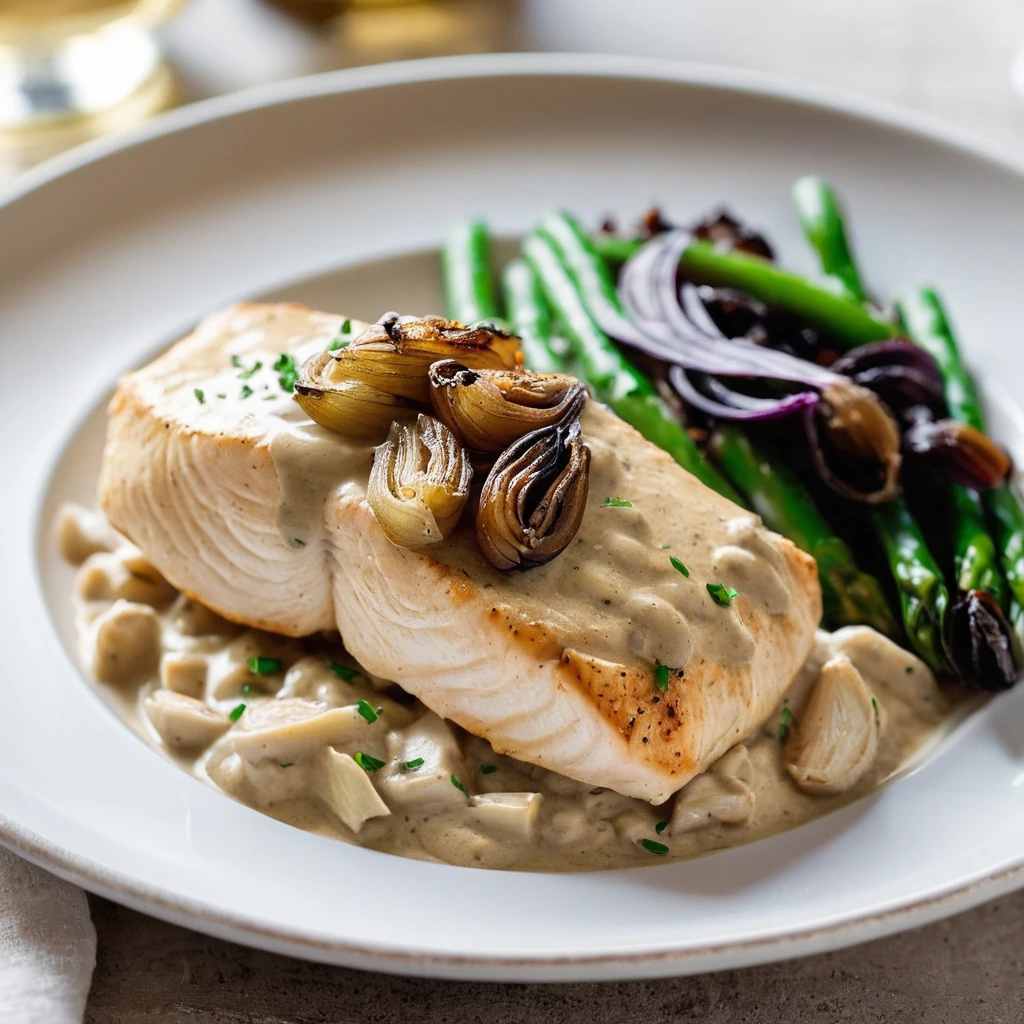 Golden chicken breasts in creamy sauce with deep brown caramelized onions in a white serving plate.