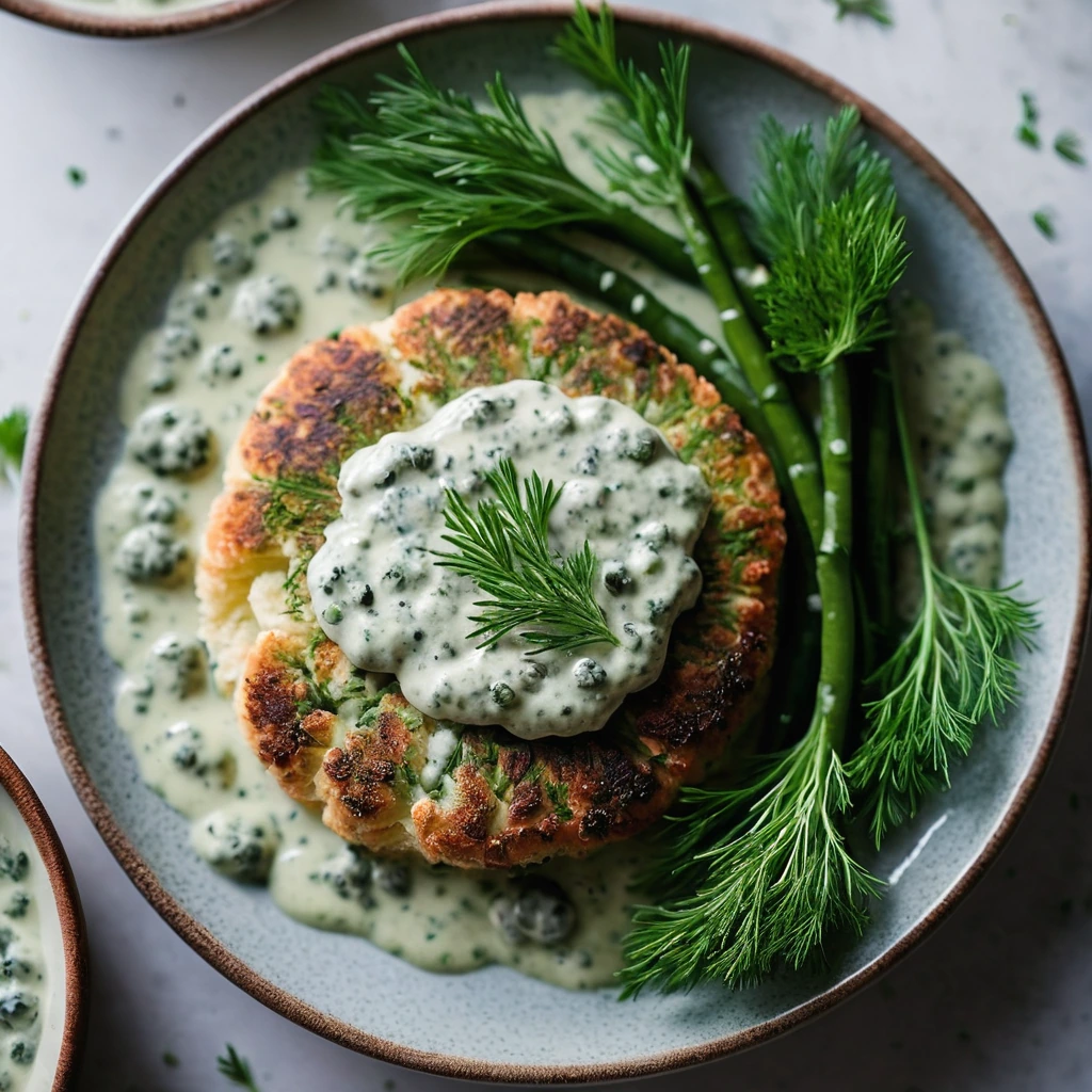Creamy white sauce with green flecks of dill and tiny capers in a shallow bowl