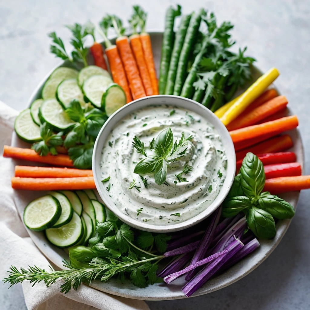 White creamy dip in a bowl with fresh herbs sprinkled on top, served with colorful veggie sticks.