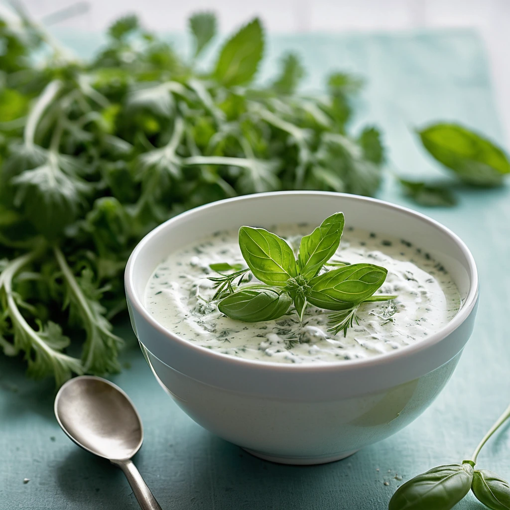 Whisked creamy white dressing with flecks of green herbs in a clear bowl.