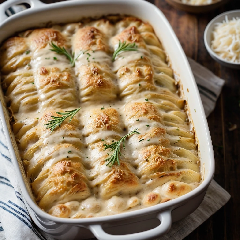 Baked casserole with golden chicken, melted cheese, and caramelized onions in a bubbling creamy sauce in a baking dish.