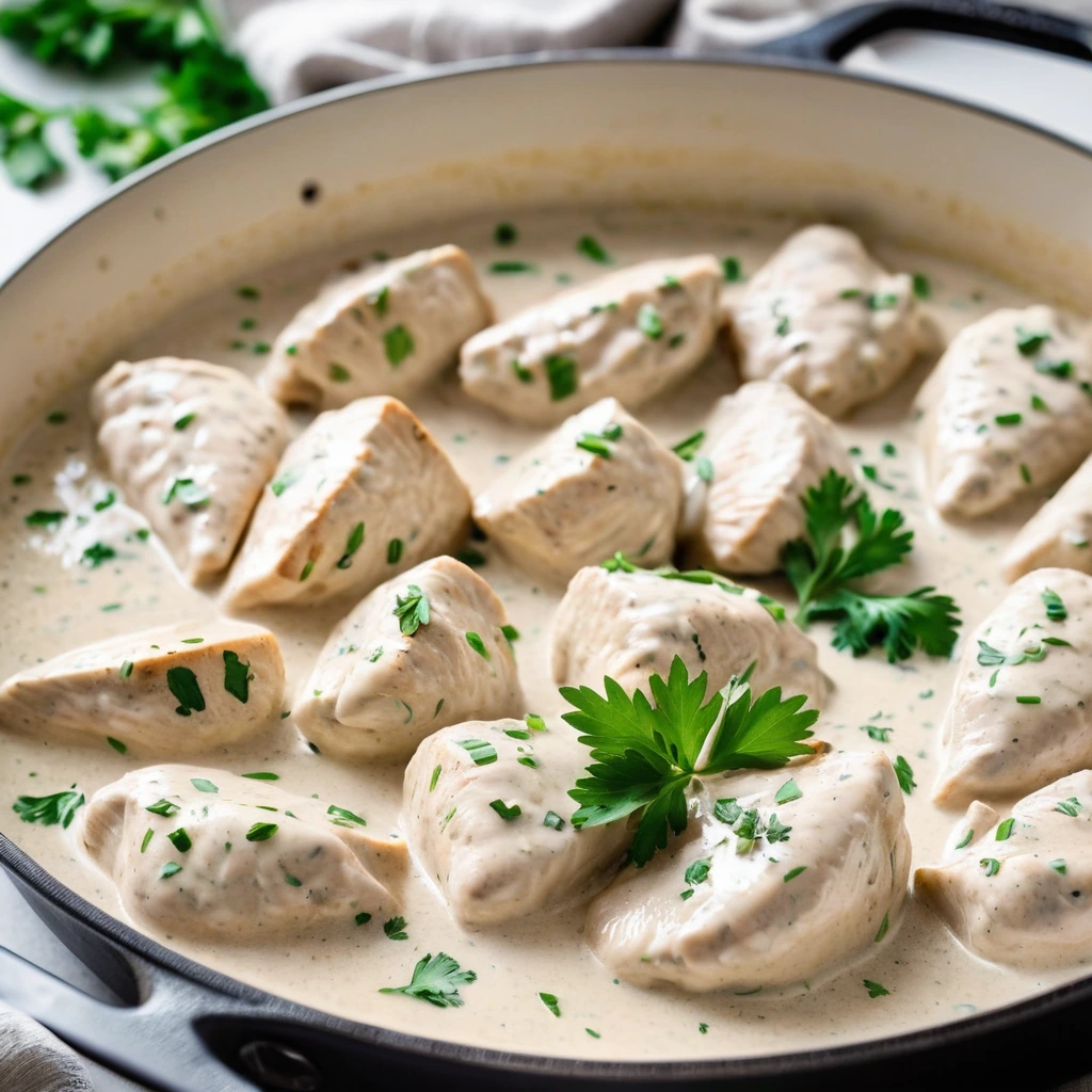 Golden chicken pieces in a creamy white sauce in a skillet, garnished with parsley.
