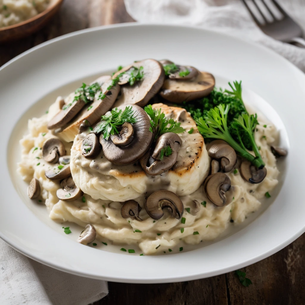 Golden chicken breast slices over creamy mashed potatoes, topped with a rich brown mushroom sauce and fresh parsley.