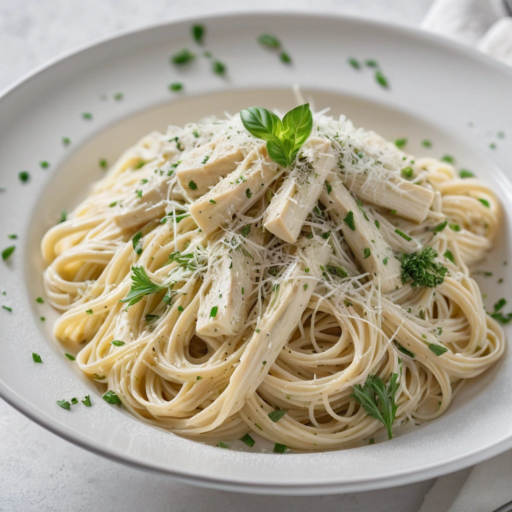 Golden pasta in creamy white sauce, sprinkled with Parmesan and green herbs, served on a white plate.
