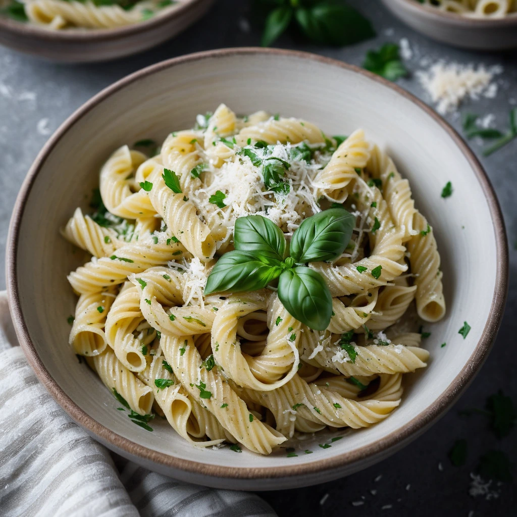 Golden pasta twirled in a creamy white sauce, sprinkled with grated parmesan and fresh parsley in a rustic bowl.