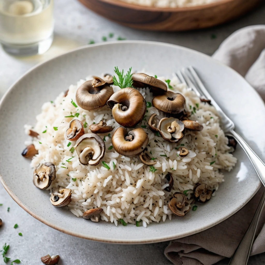 Creamy white rice topped with crispy golden mushrooms, sprinkled with parmesan and fresh parsley.