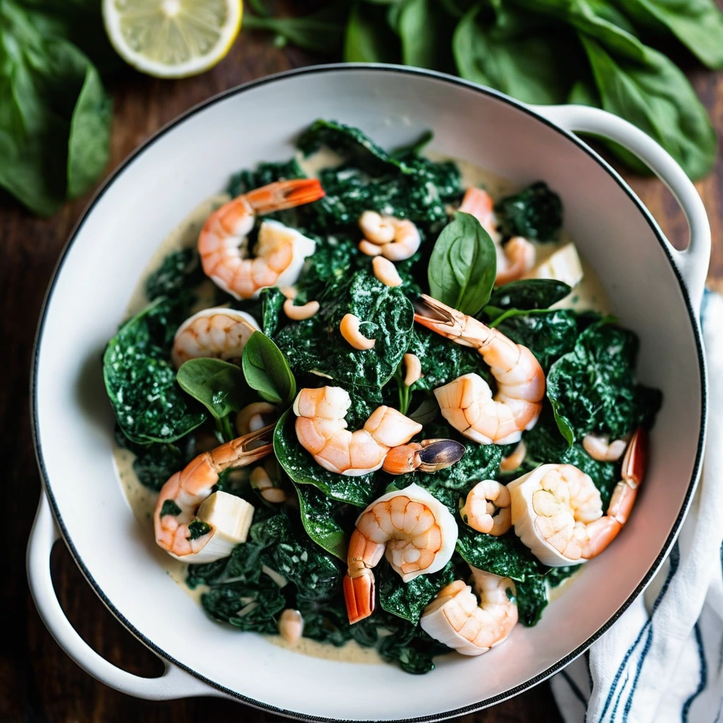 Golden shrimp and vibrant spinach in a creamy sauce in a skillet, sprinkled with parsley.