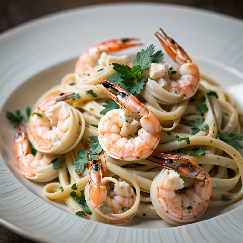 Creamy white sauce with succulent shrimp atop golden linguine, garnished with fresh parsley.