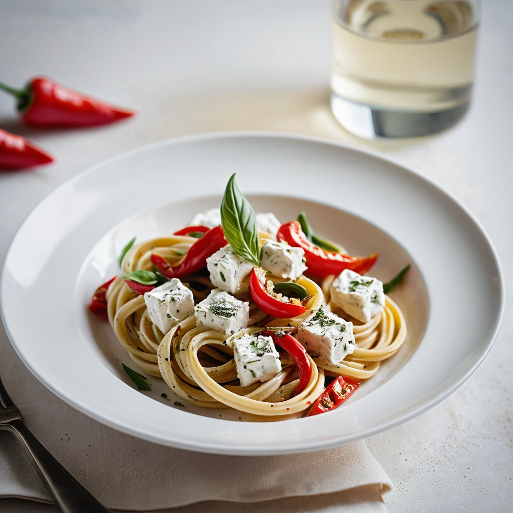 Golden pasta twirled with creamy sauce, flecked with red roasted pepper strips and green herbs on a white plate.