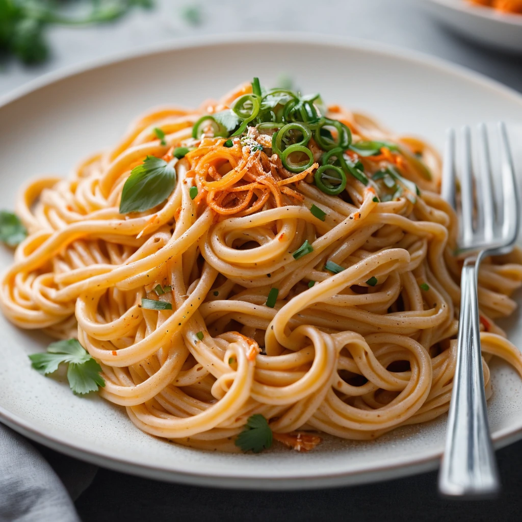 Golden pasta twirled on a fork with a vibrant orange sauce and a sprinkle of scallions on top