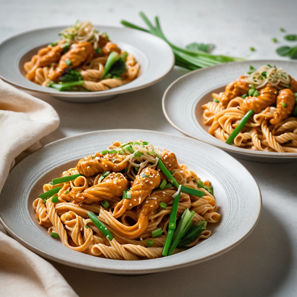 Golden chicken pieces over a bed of creamy orange pasta, sprinkled with fresh green scallions.