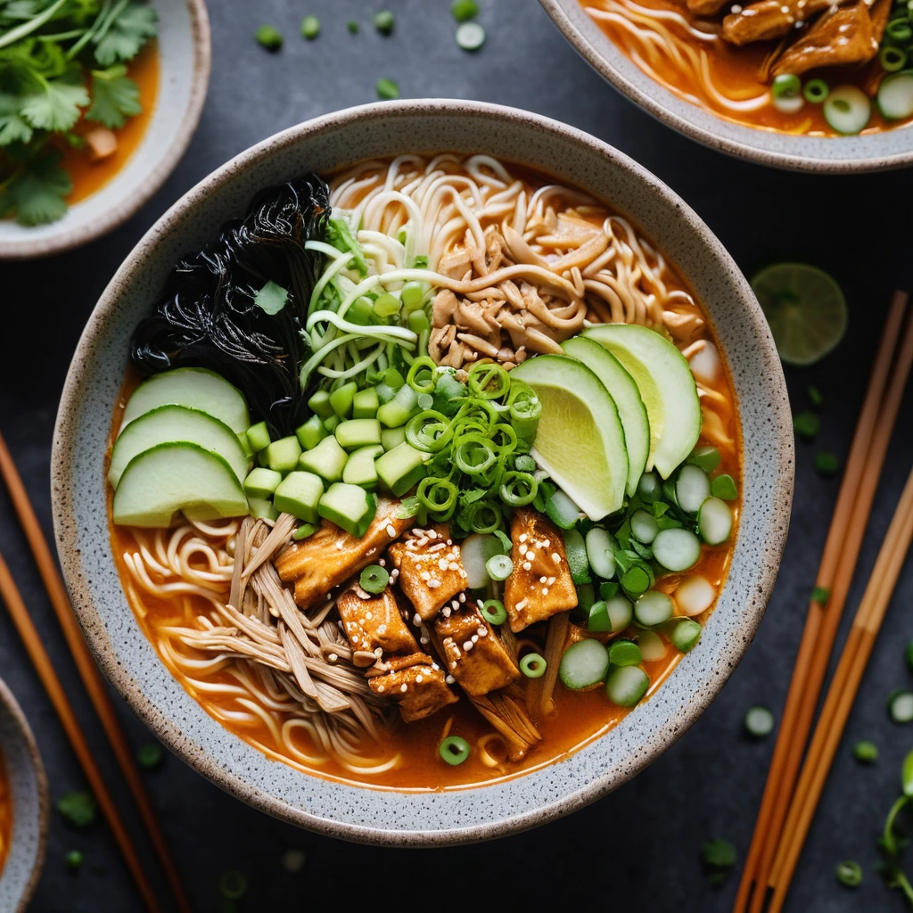 Steaming bowl of ramen with shredded chicken, vegetables, and creamy orange broth