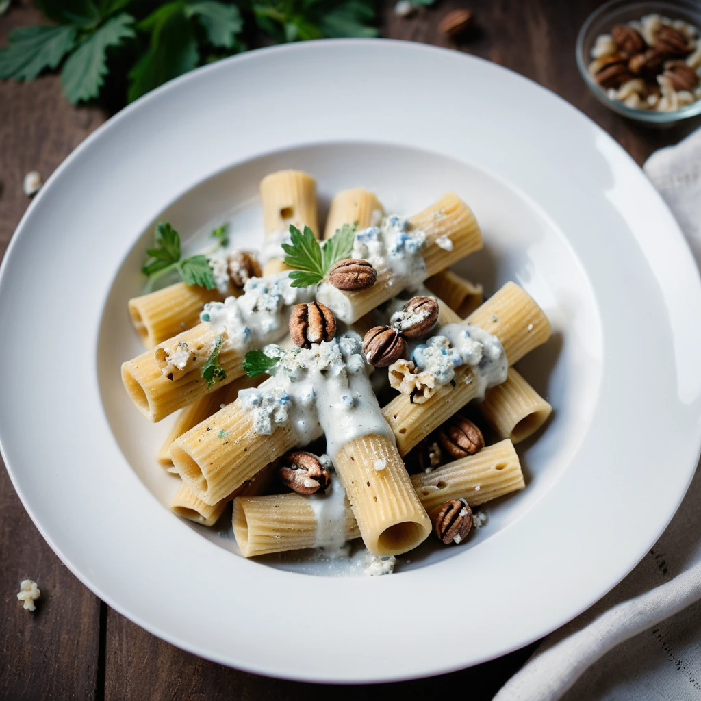 golden rigatoni pasta in a creamy blue cheese sauce with toasted walnuts and fresh parsley on a white plate