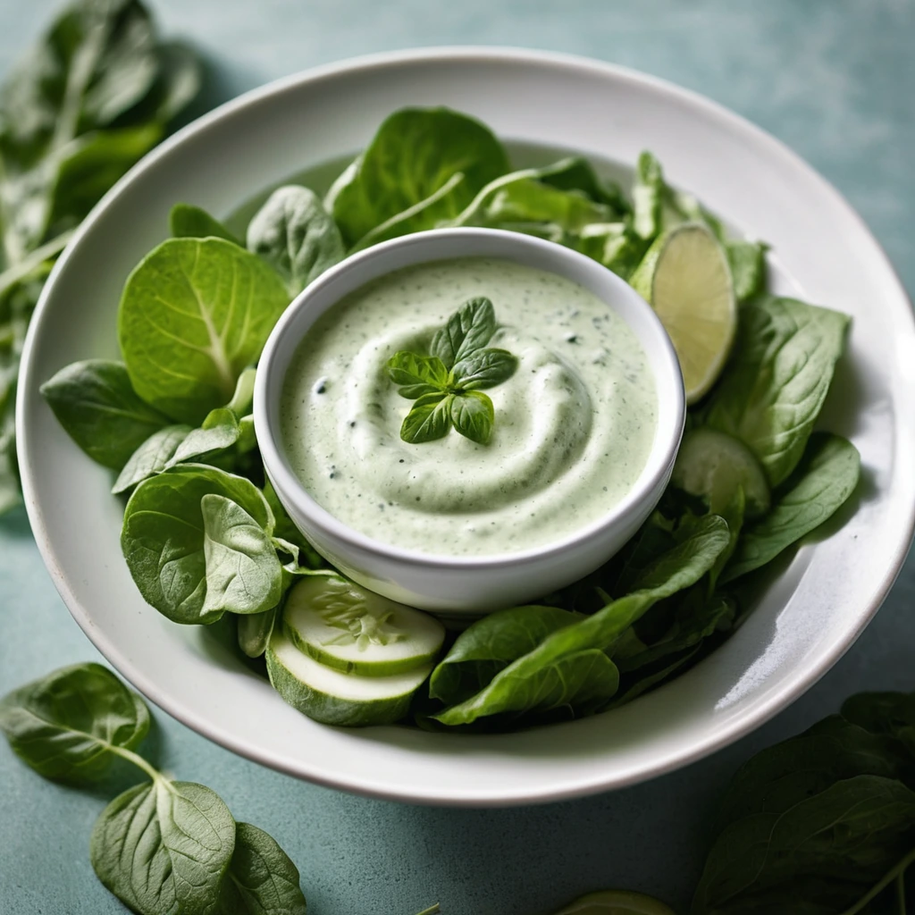 Luscious green dressing in a bowl with a drizzle over mixed greens
