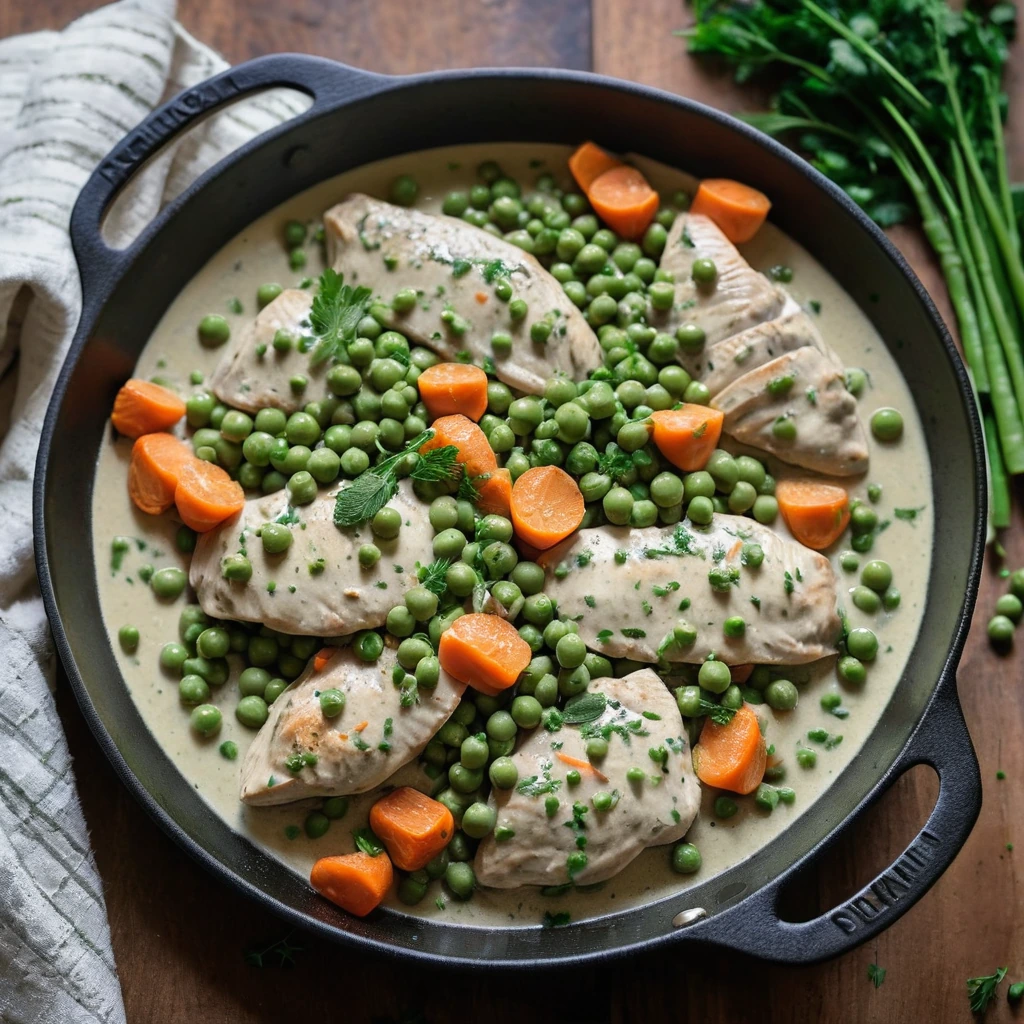 Golden chicken pieces nestled in a vibrant green and orange mix of peas and carrots, topped with fresh herbs in a creamy sauce.