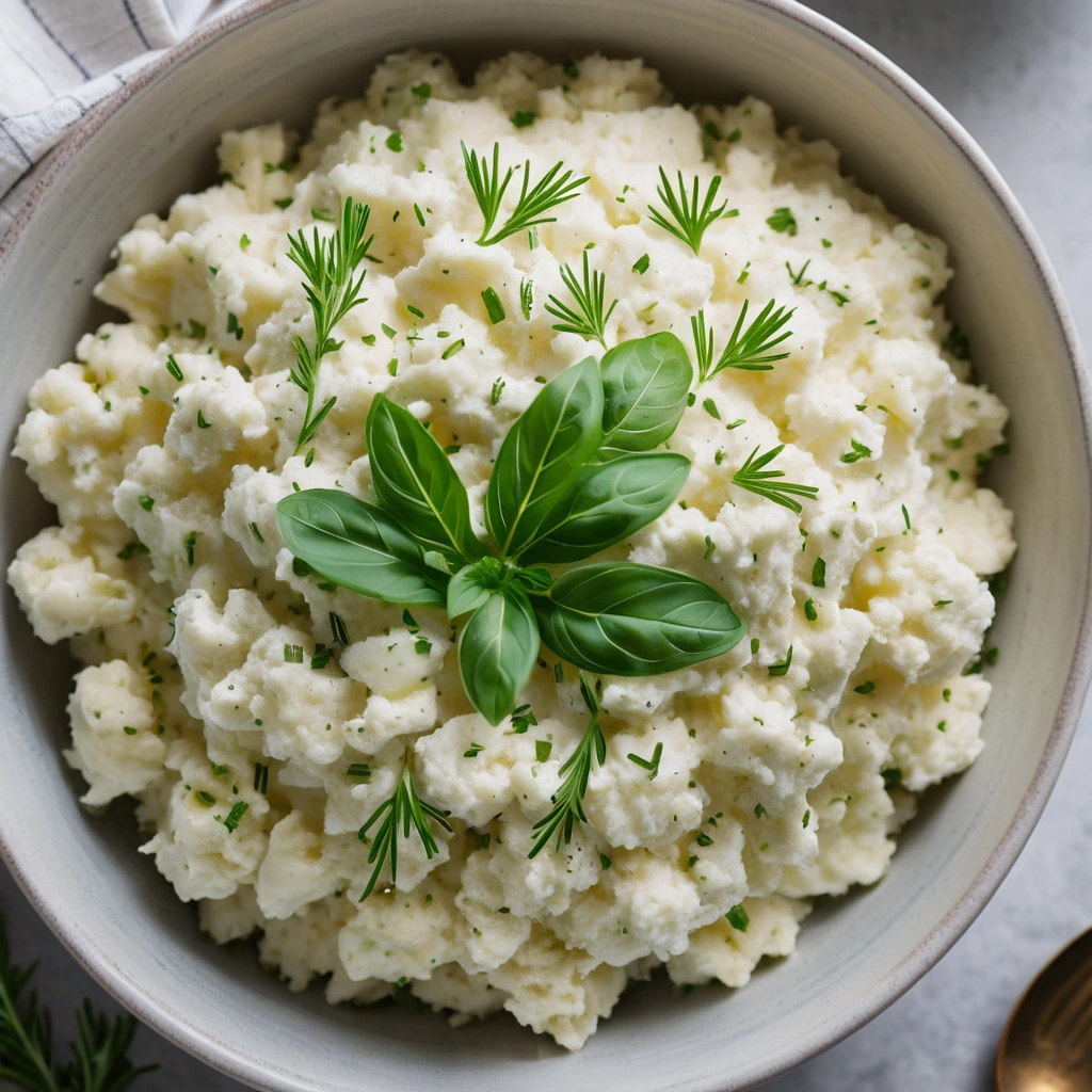 Golden mashed cauliflower and potato blend in a bowl, sprinkled with green herbs.