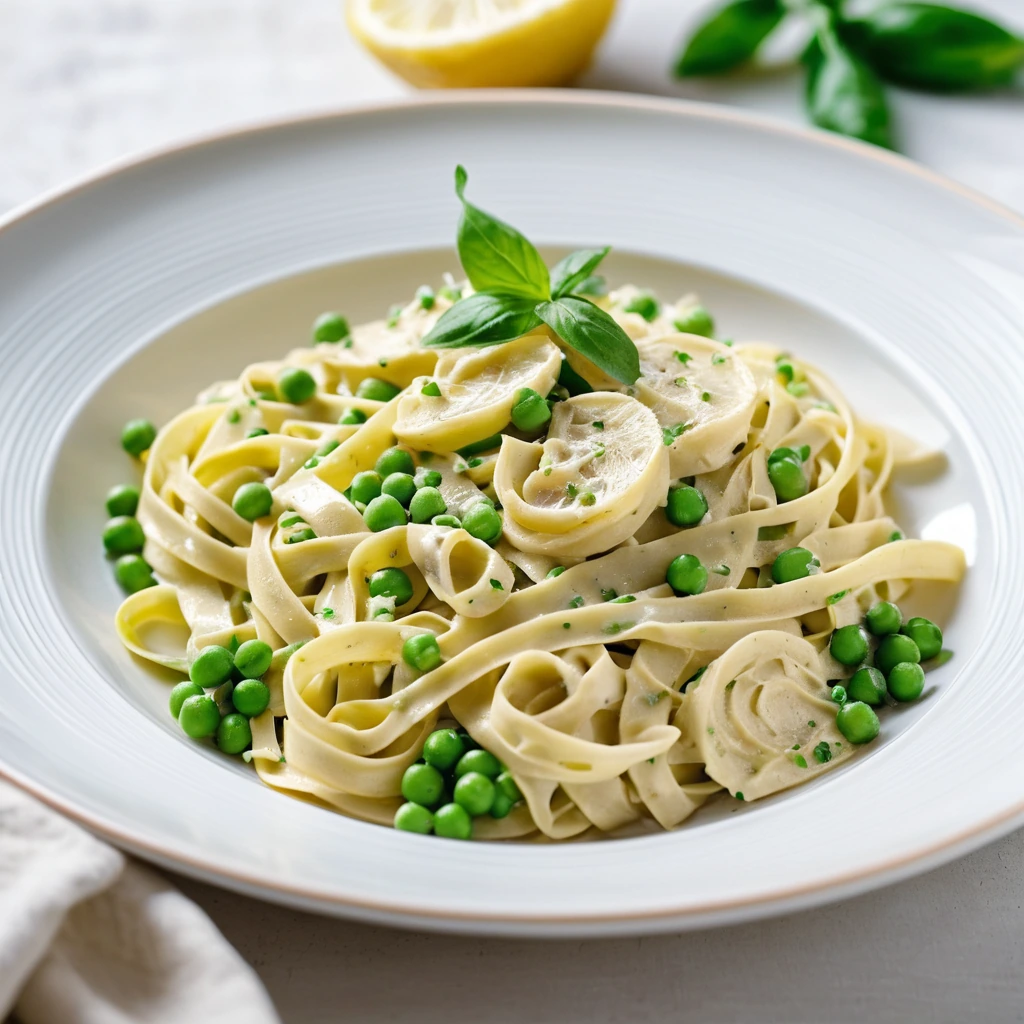 Golden tagliatelle pasta in a creamy lemon sauce with chicken and peas, served on a white plate.