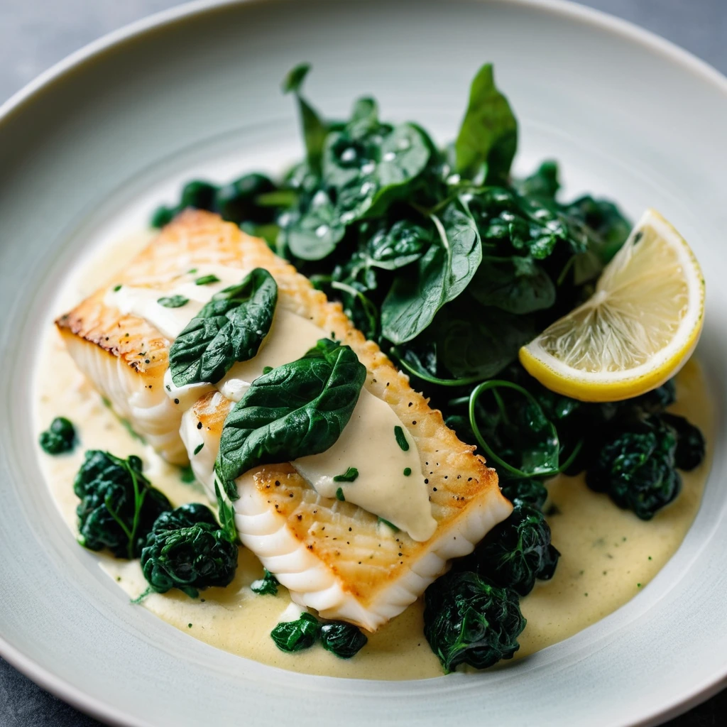 Golden cod fillets over a bed of dark green spinach, drizzled with a glossy yellow sauce.