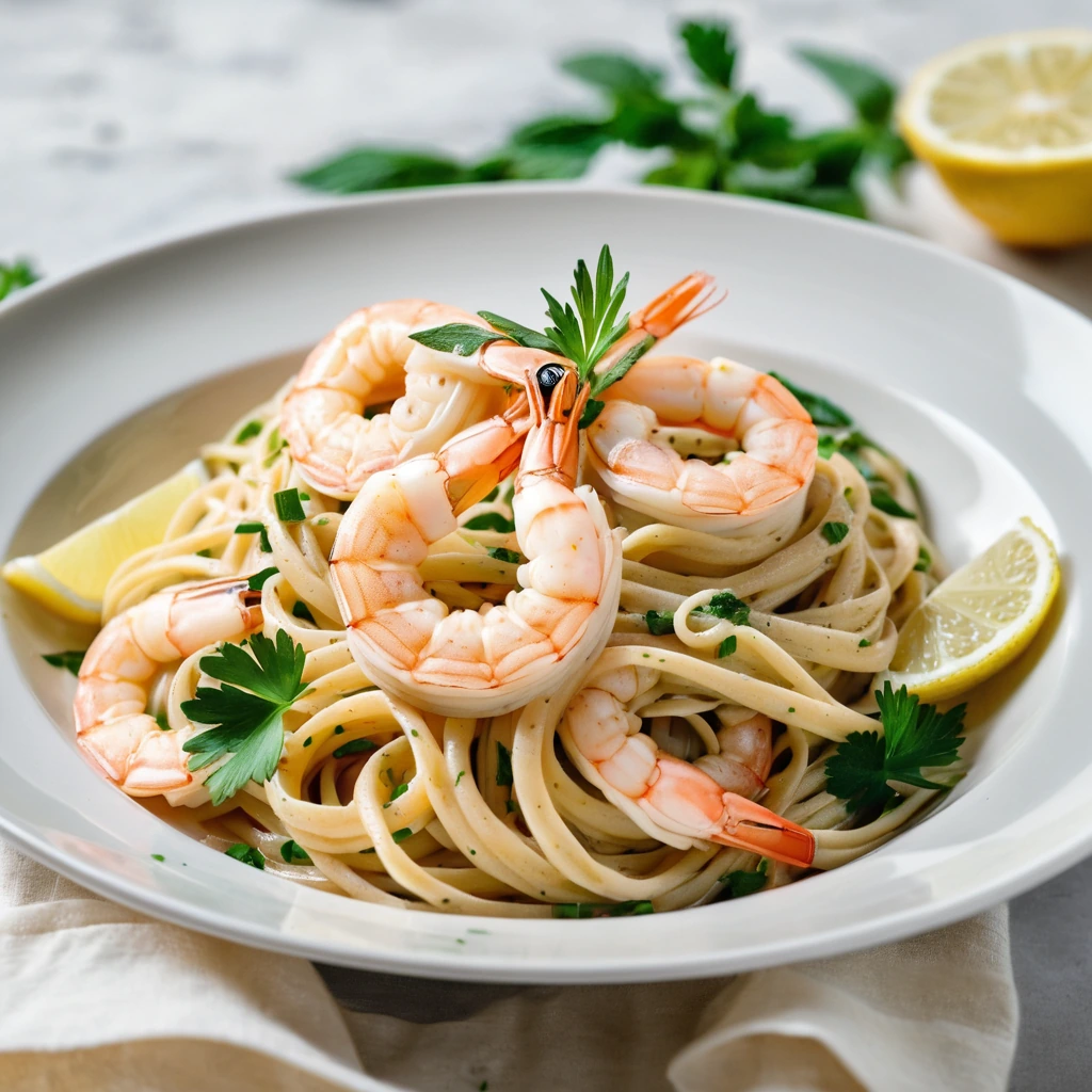 Golden shrimp twirled in linguine with a creamy lemon sauce, garnished with fresh parsley.