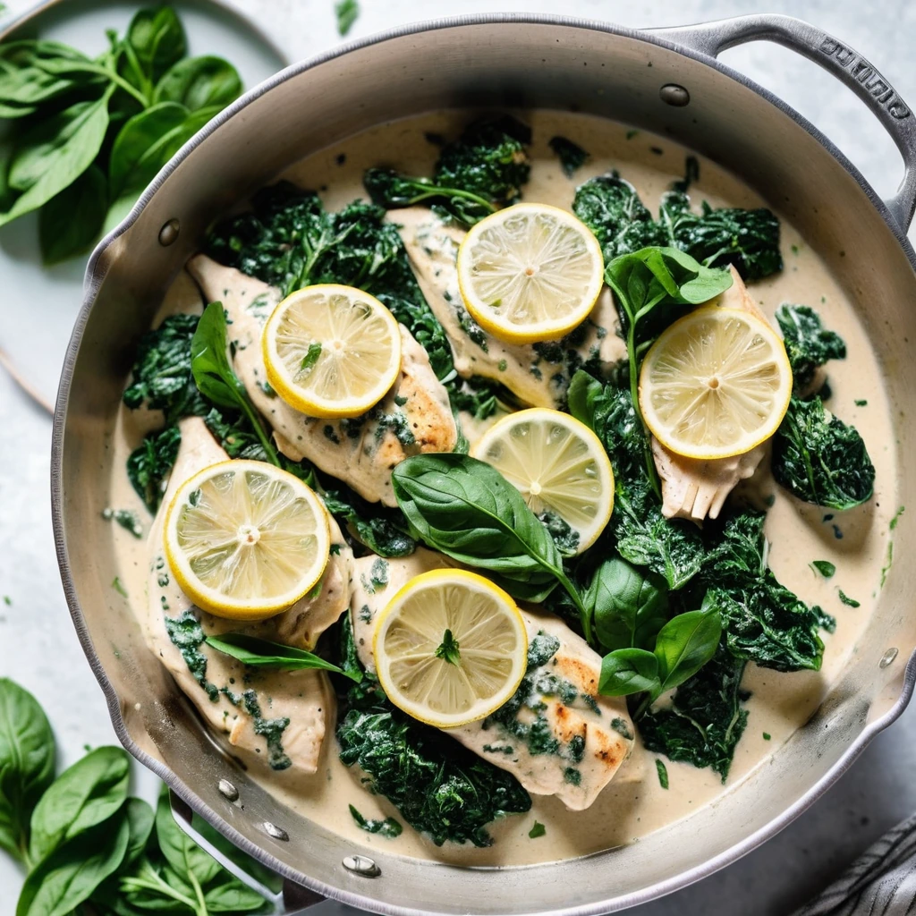 Golden chicken breasts in a creamy sauce with bright green spinach in a skillet
