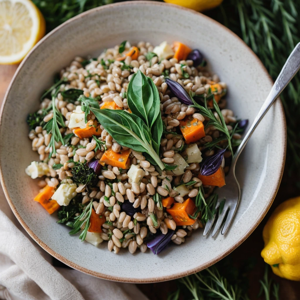 Golden roasted vegetables atop a bowl of creamy lemon-infused farro, sprinkled with fresh herbs.