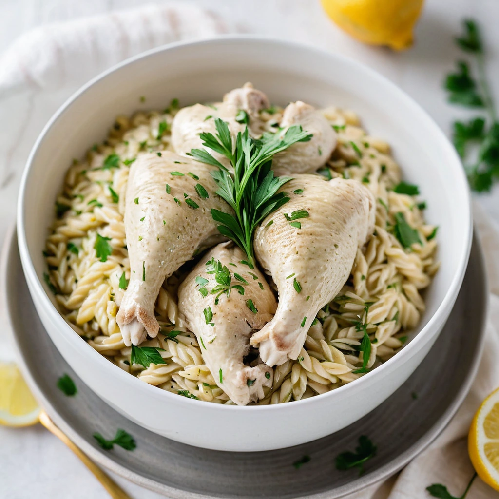 Golden roasted chicken atop a vibrant lemon-hued orzo, garnished with fresh parsley in a white bowl.