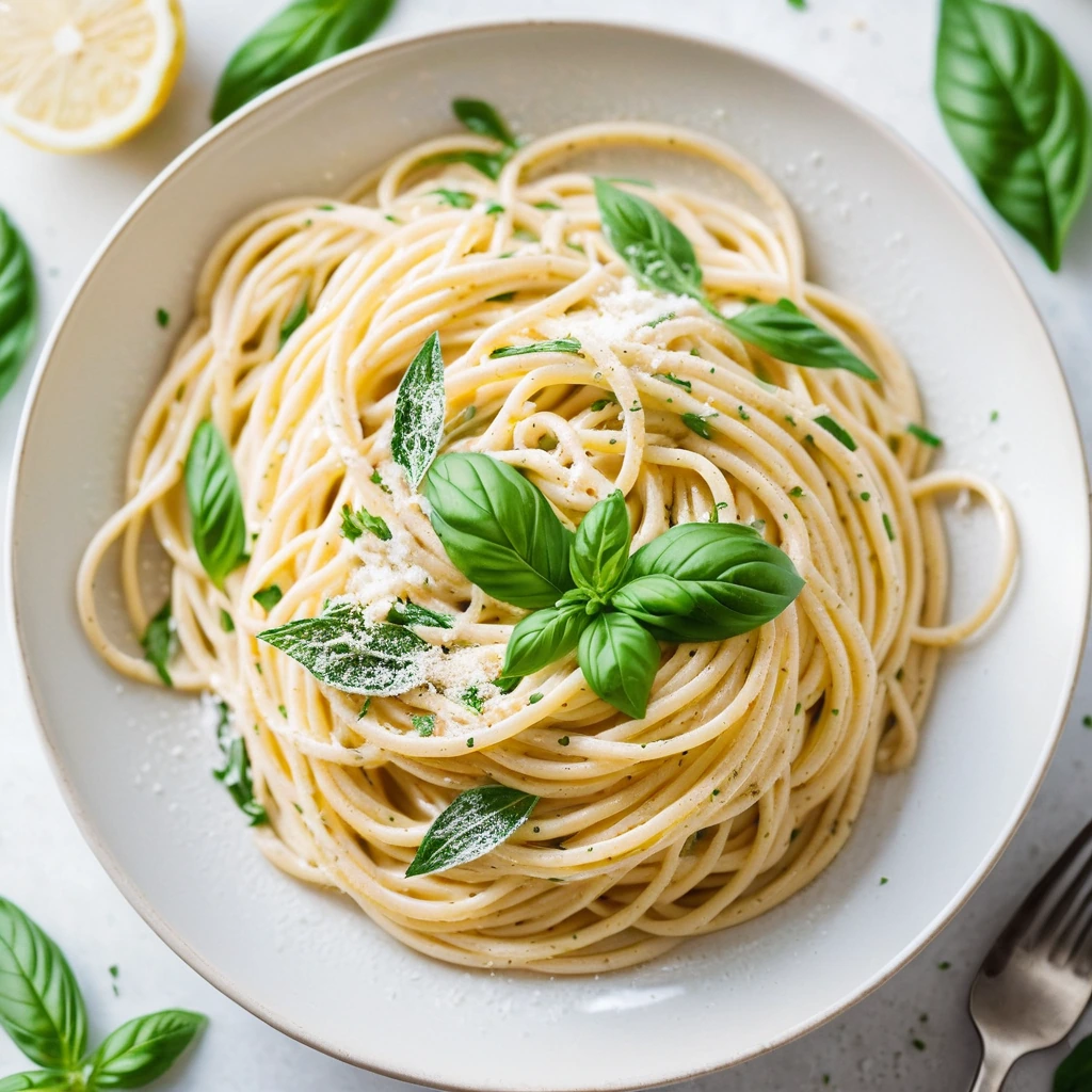 Golden spaghetti twirled on a white plate, topped with a creamy sauce, lemon zest, and fresh basil.