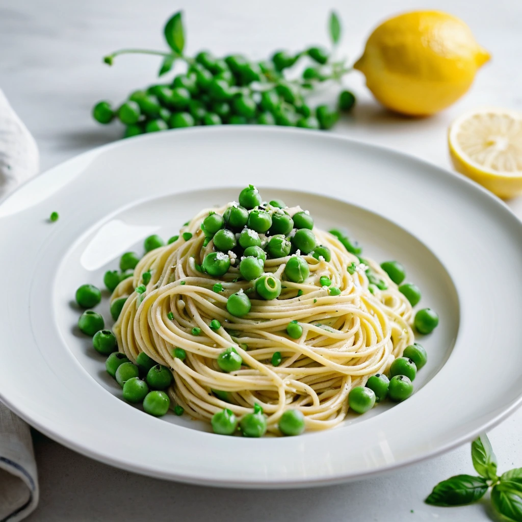 Golden spaghetti twirled on a white plate, topped with vibrant green peas and a drizzle of lemon sauce.
