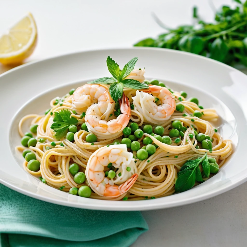 Golden shrimp and vibrant green peas twirled in a creamy lemon sauce over spaghetti, garnished with fresh parsley.