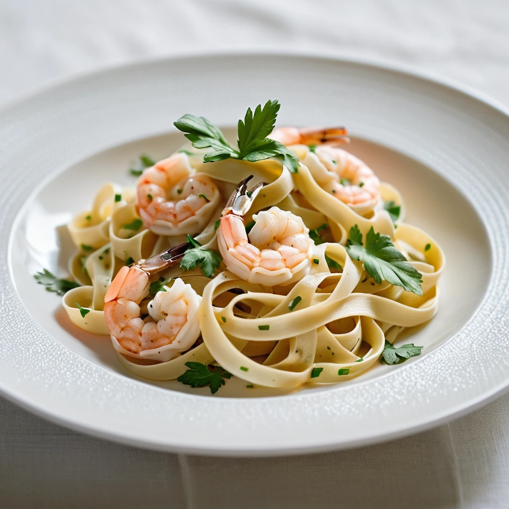 Creamy lemon sauce over golden tagliatelle with plump shrimp, sprinkled with fresh parsley.
