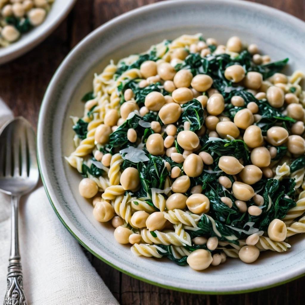 Yellow orzo pasta with green spinach and white chickpeas in a creamy sauce on a rustic wooden plate.