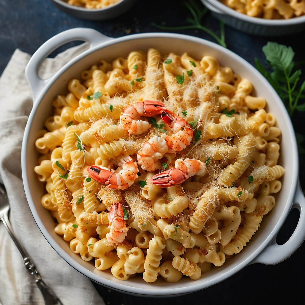Golden macaroni and cheese in a baking dish, topped with buttery breadcrumbs and chunks of bright lobster meat.