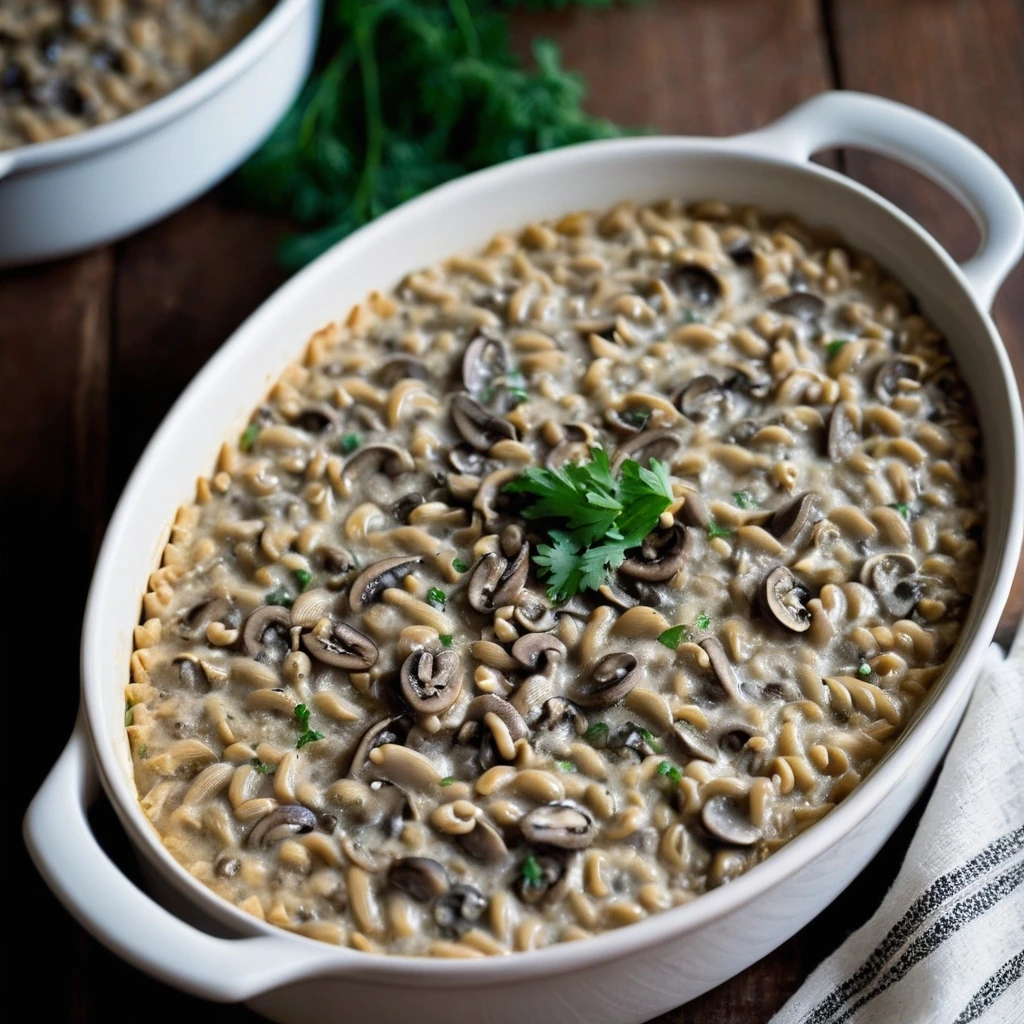 Golden casserole dish filled with creamy mushroom and barley mixture, topped with melted cheese and fresh parsley.