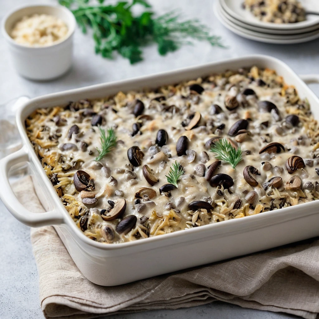 Baked casserole with golden wild rice, chunks of white chicken, and a glossy, creamy sauce topped with melted cheese.