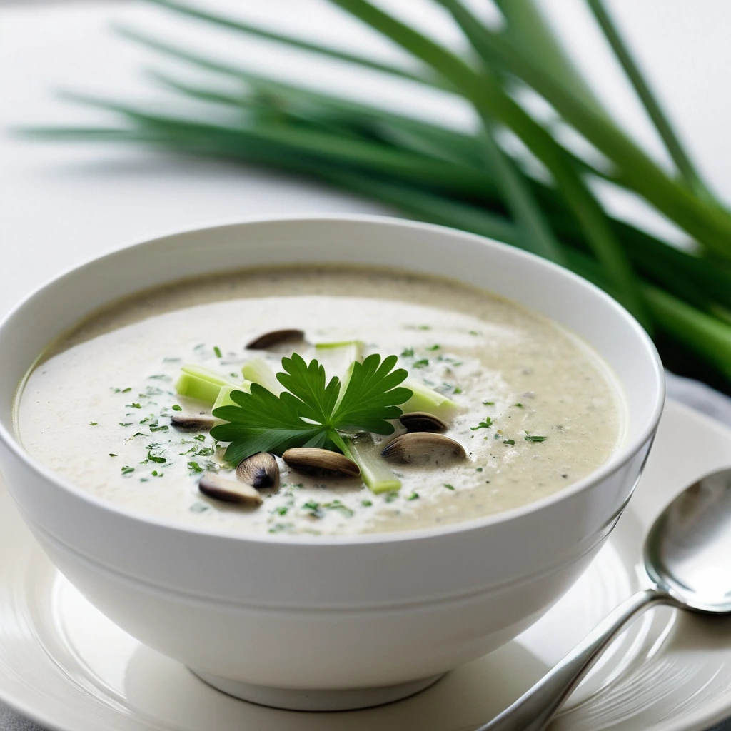 Steaming bowl of golden soup with mushroom and leek chunks and a sprinkle of fresh herbs.