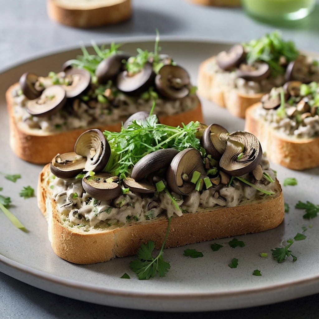 Four slices of toasted bread topped with a creamy mushroom and leek mixture, golden brown edges, garnished with fresh parsley.
