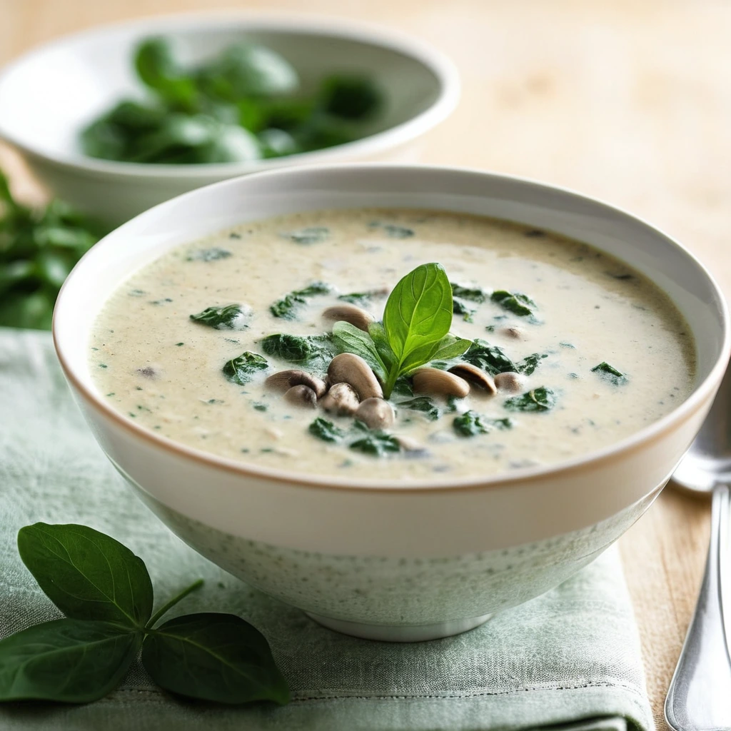 Steamy bowl of creamy golden soup with flecks of green spinach and mushroom pieces, garnished with fresh parsley.