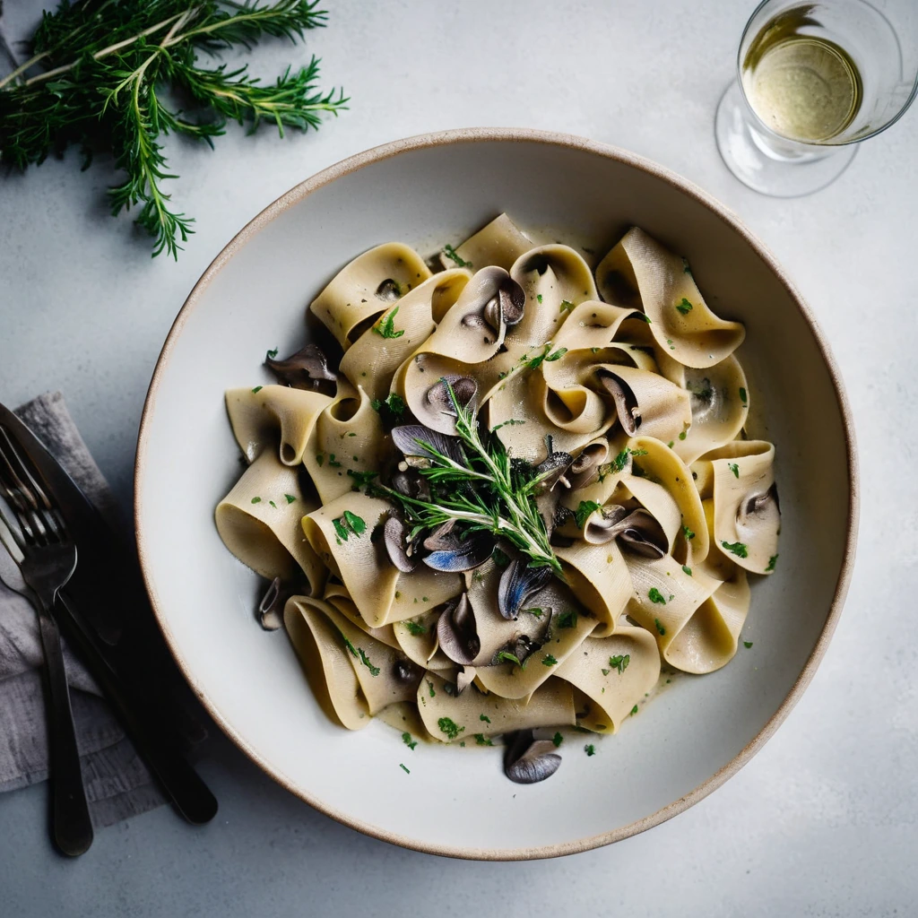 Golden pappardelle pasta in creamy mushroom sauce with fresh thyme leaves scattered on top, served in a shallow bowl.