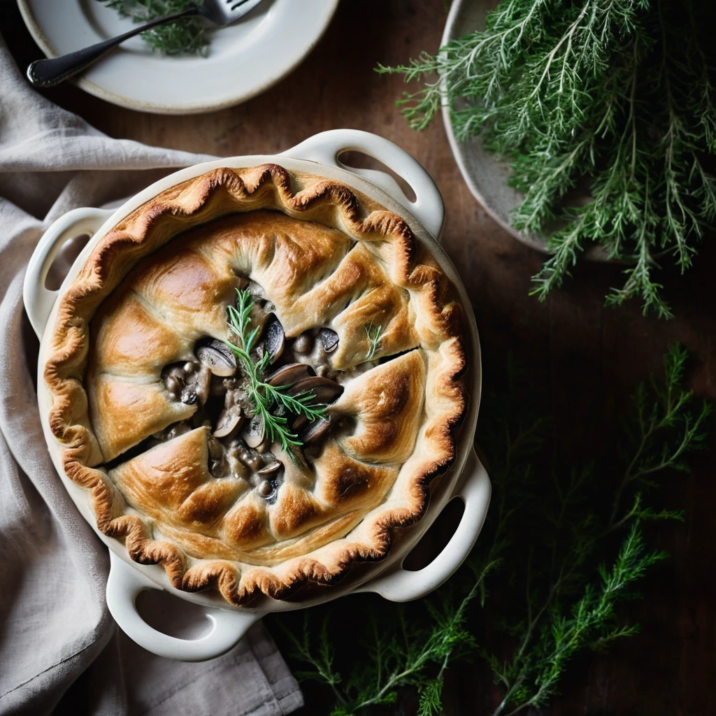 A rustic golden pot pie with flaky crust and a creamy mushroom filling, garnished with fresh thyme sprigs.