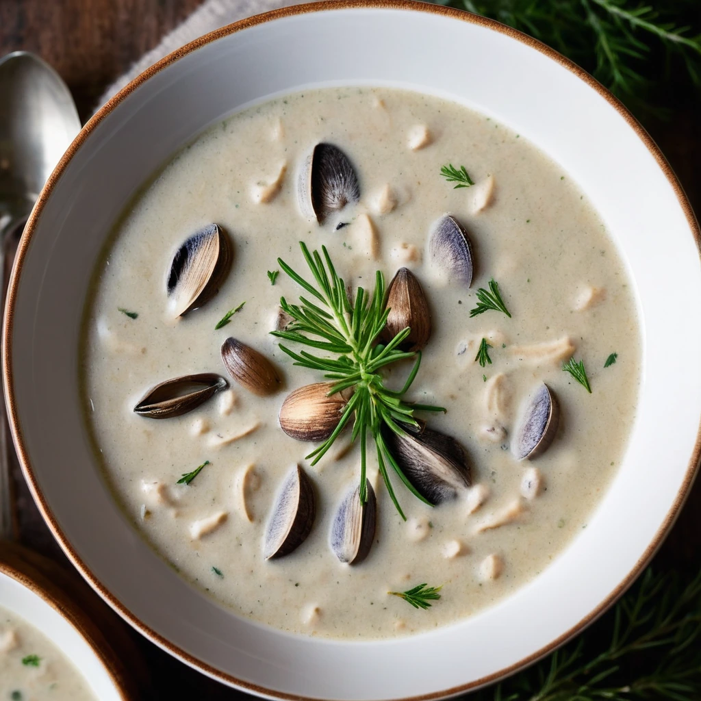 Steaming bowl of thick, creamy soup with golden mushrooms and green thyme sprigs.