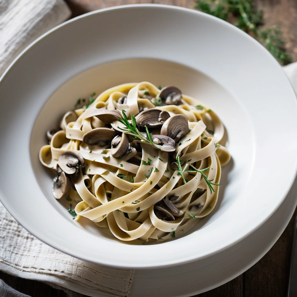 Golden tagliatelle pasta in a creamy mushroom sauce, topped with fresh thyme leaves on a rustic plate.
