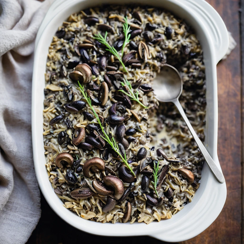 Golden casserole dish filled with wild rice, mushrooms, and a creamy white sauce, lightly browned on top.