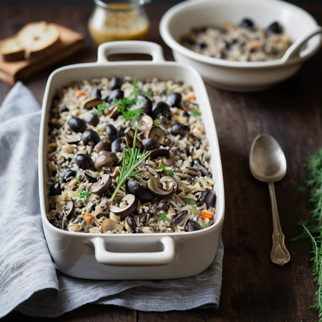 Baked casserole in a rectangular dish with a golden, bubbly surface, flecked with wild rice and mushrooms.