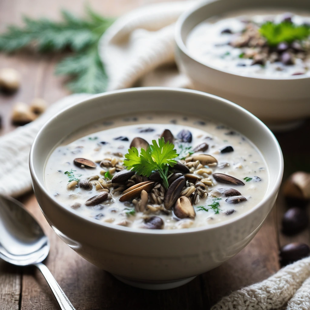 Steamy bowl of creamy golden soup with chunks of mushrooms and wild rice, garnished with fresh parsley.