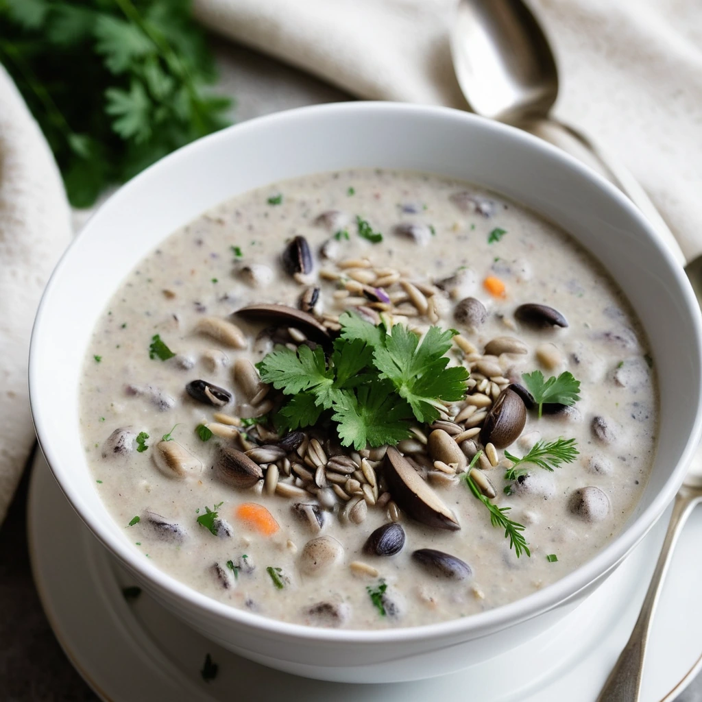 Steamy creamy soup in a white bowl topped with fresh parsley and a sprinkle of cracked black pepper.