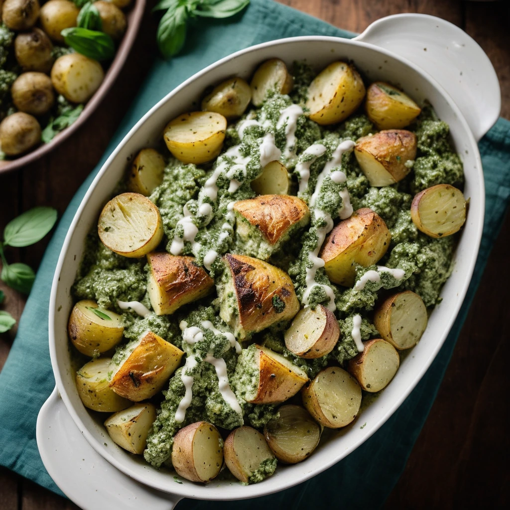 golden bubbly casserole in a baking dish with green pesto sauce and chunks of chicken and potatoes