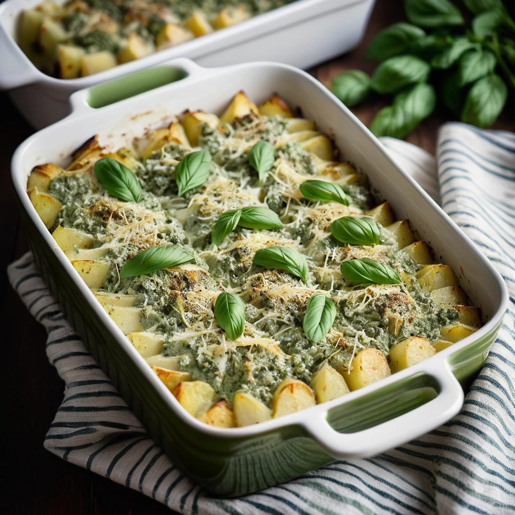 Baked casserole with layers of chicken, potatoes, and green pesto sauce, topped with melted cheese in a baking dish.